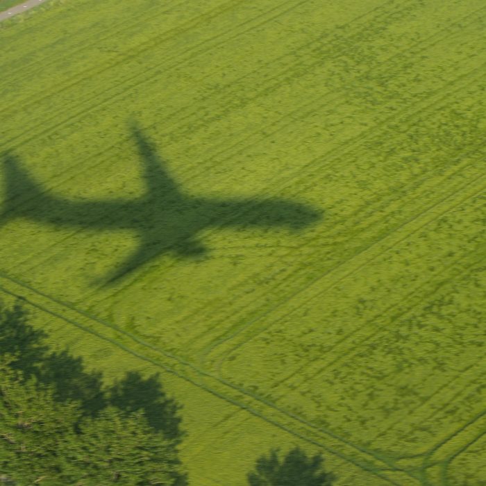 Flygplan skuggar äng