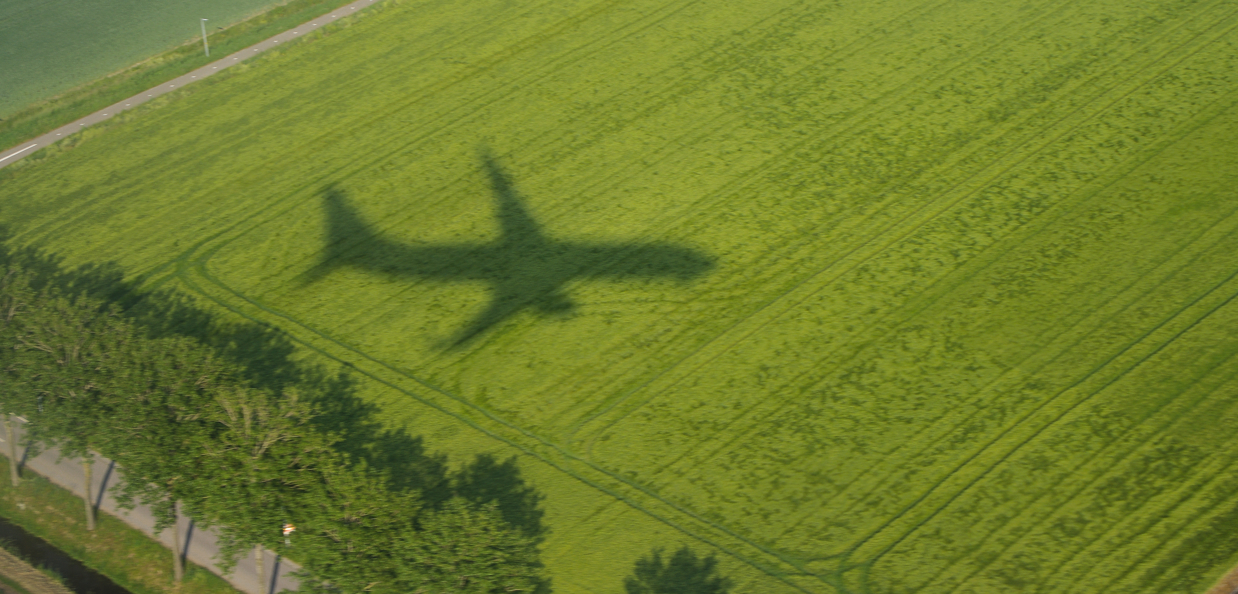 Flygplan skuggar äng